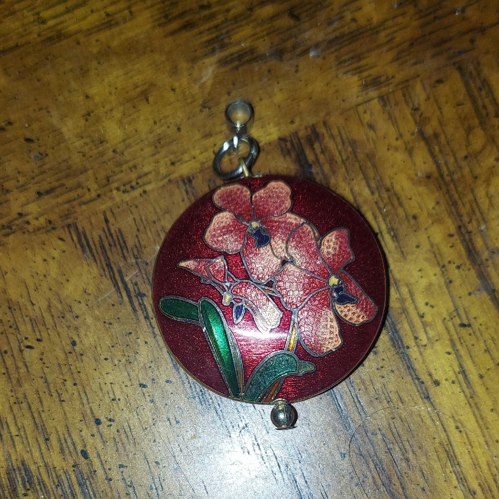 Vintage Puffy Floral Red Cloisonne Pendant